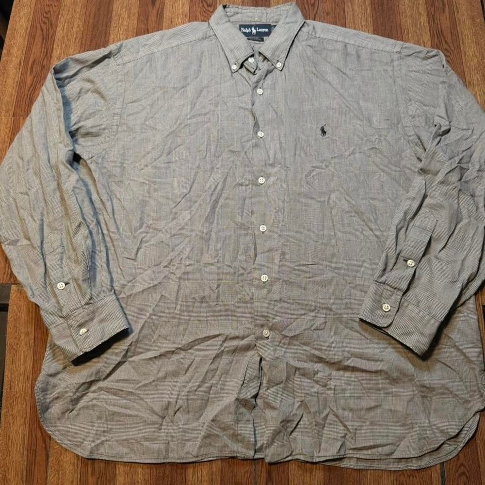 Polo Ralph‎ Lauren Black White Plaid Meel Button Polo Long Sleeve Dress Shirt XL